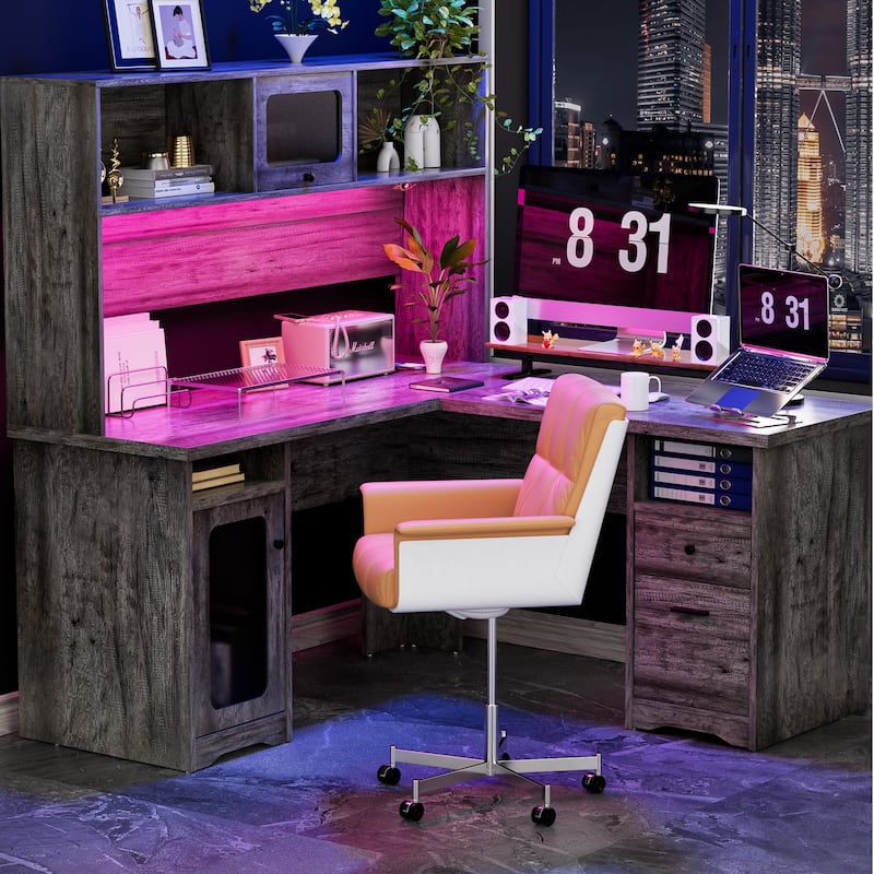 L Shaped Desk with File Cabinet and Hutch, Home Office Corner Computer Desk with Drawers and Charge Station