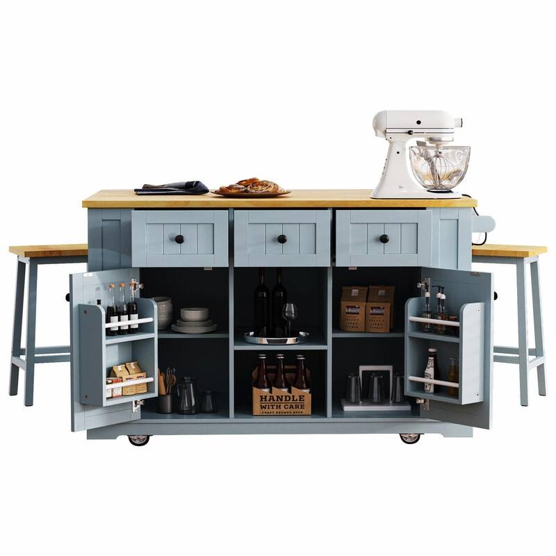 53" Rolling Kitchen Island with Drop Leaf, Power Outlet & Internal Door Storage, 5 Open Side Racks