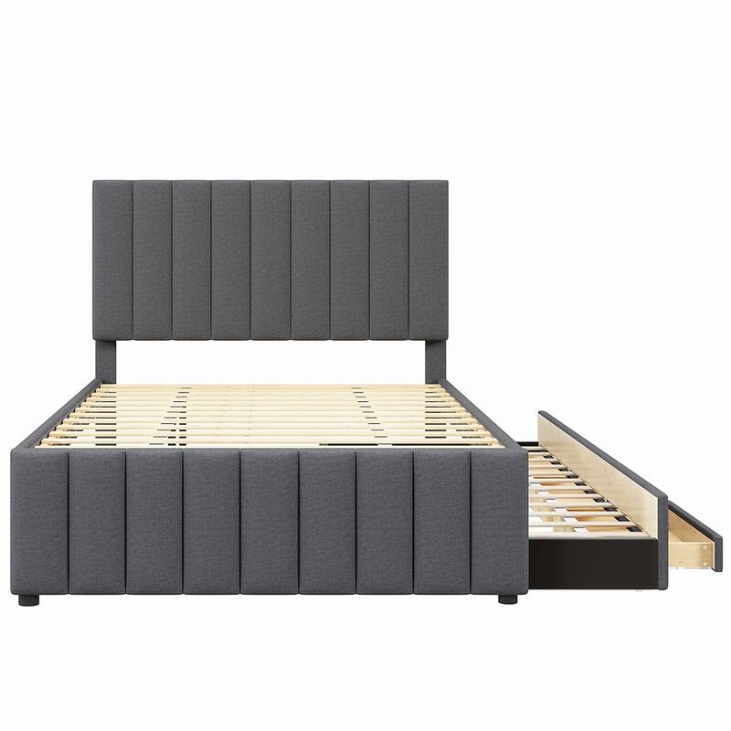 Linen Fabric Upholstered Platform Bed with Trundle and 3 Drawers