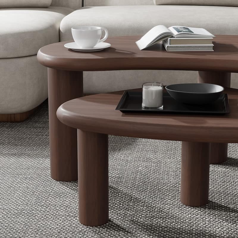 Modern Nested Coffee Tables Set 2-Piece Irregular Shaped Solid Wood Accent Tables for Home Office Living Room