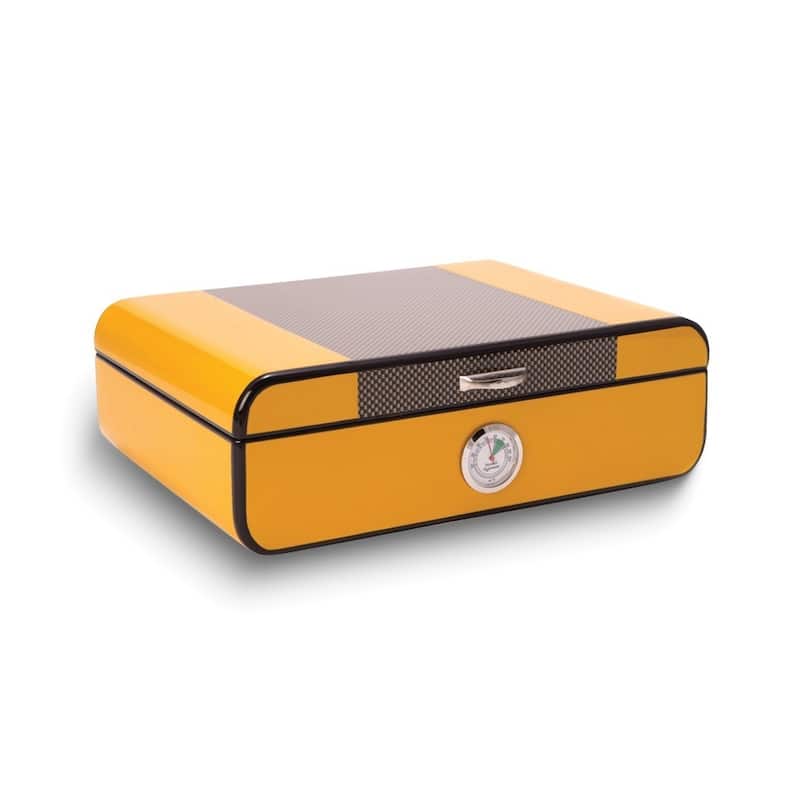 Curata Carbon Fiber Yellow Lacquered Wood 25-Cigar Humidor Spanish Cedar Lining Humistat Digital Hygrometer