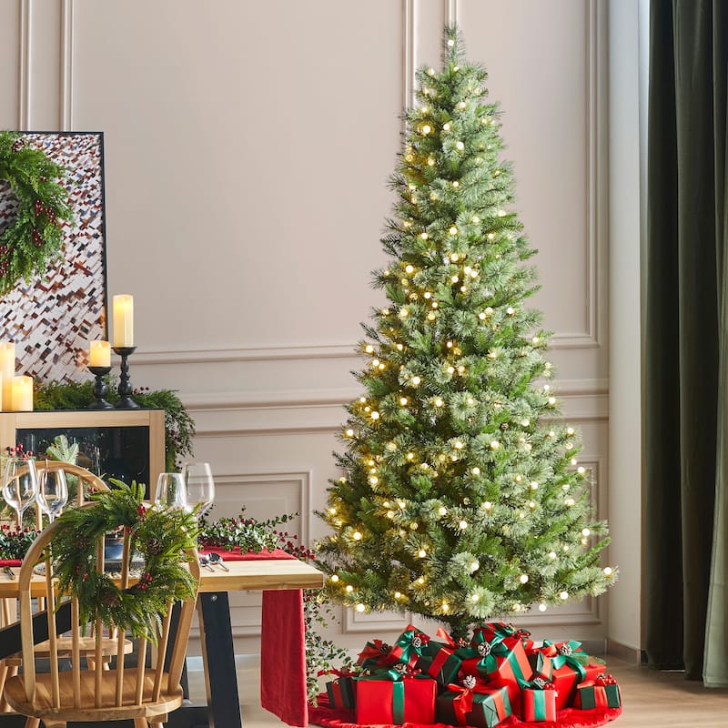 Glitzhome 7.5ft/9ft Pre-Lit Green Slim Pine Artificial Christmas Tree with Foot Pedal & Remote Control