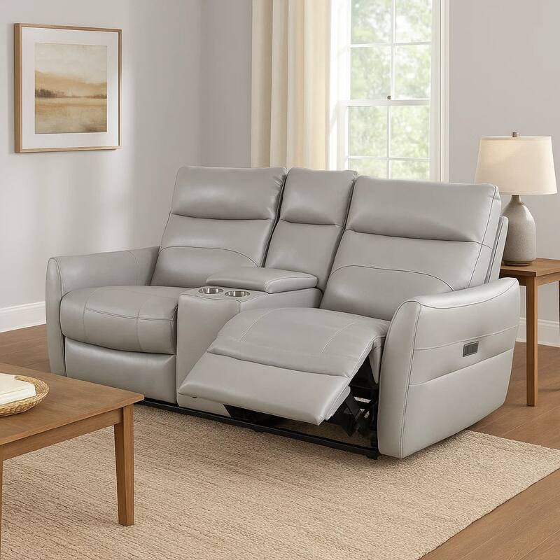 Teren Power Recliner Loveseat, 63 Inch, Gray Grain Leather, Cuphoders