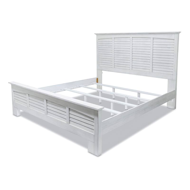 HomeRoots White Plantation Shutter Distressed Solid Wood King Bed Frame