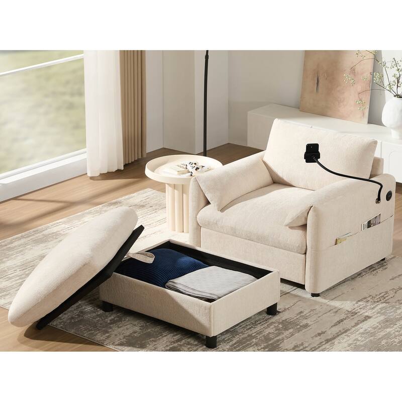 Single Sofa with Storage Ottoman, Lounge Chair with Phone Holder, USB Charger & Side Pockets, Comfy Chenille Reading Armchair