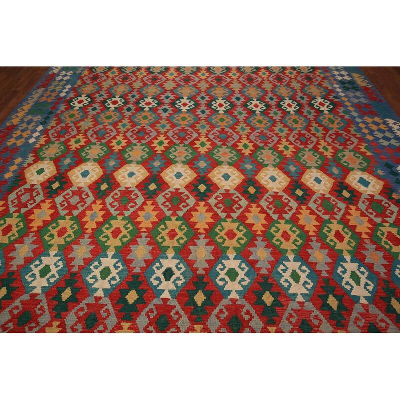 Geometric Kilim Large Rug Hand-Woven Oriental Wool Carpet - 10'2" x 16'1"