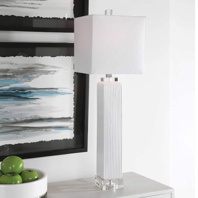 Glossy Ribbed Base Buffet Lamp with White Square Shade - 32.5" - White
