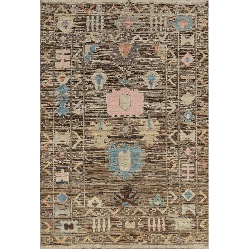 Vegetable Dye Oushak Turkish Rug Handmade Brown Floral Wool Carpet - 5'8" x 7'10"