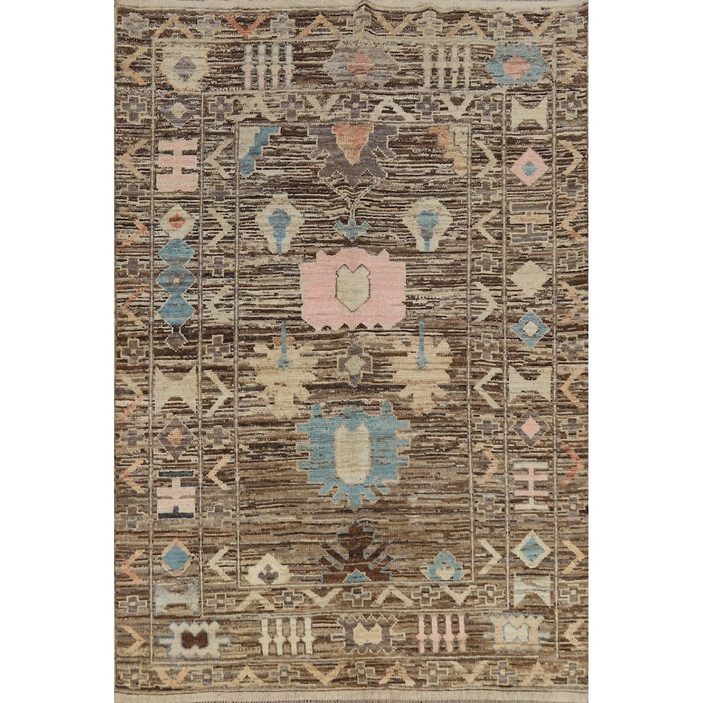 Vegetable Dye Oushak Turkish Rug Handmade Brown Floral Wool Carpet - 5'8" x 7'10"