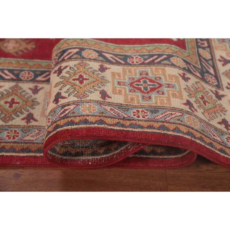 Red Geometric Kazak Oriental Area Rug Handmade Wool Carpet - 6'4" x 9'9"