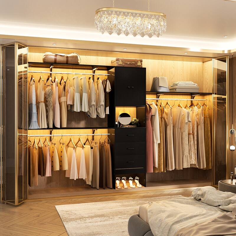 Rackcog 20.3'' - 120'' Large Closet Organizer with Doors, Closet System with Drawers and Hanging Rods (can be cut to fit)