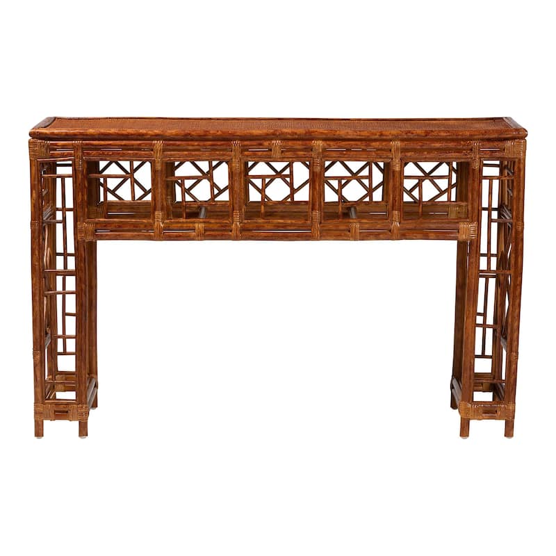 Wahid Marbled Tortoise Natural Rattan Console Table - Handcrafted Wicker Accent Table with Coastal Boho Style