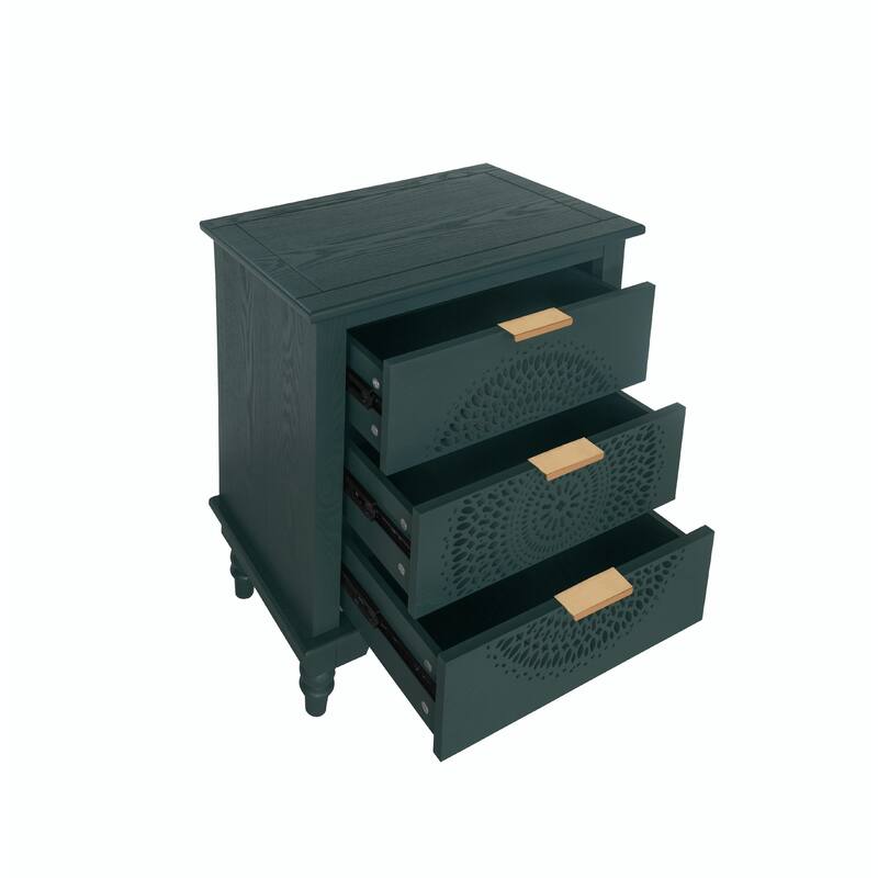 Hollow-Carved 3-Drawer Dresser with Metal Handles