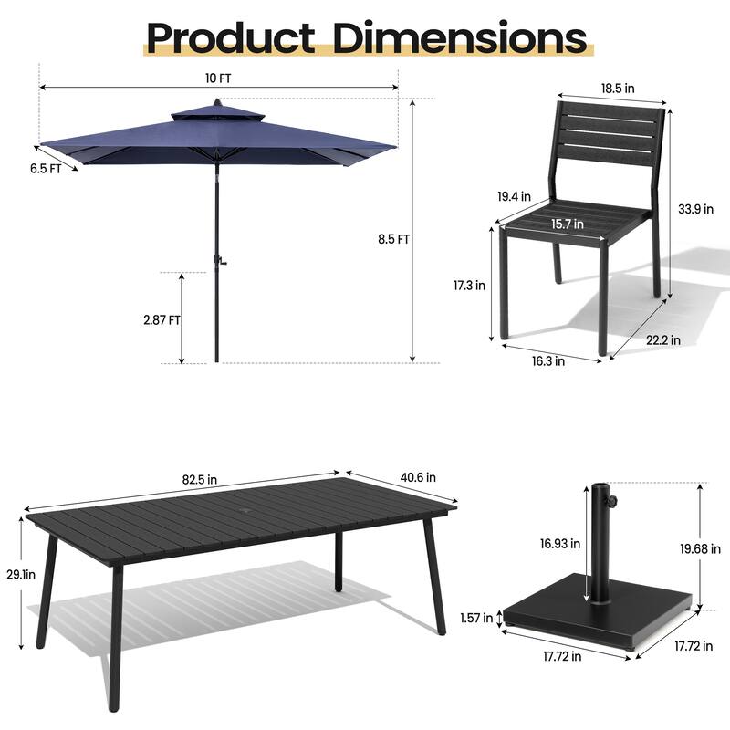 11 PC Outdoor Patio Dining Set Wood-Like Aluminum Umbrella Hole Table with Stackable Chairs,Double Top Market Umbrella and Base