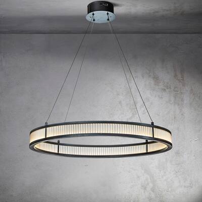 CraftHome Modern Minimalist Matte Black Round LED Chandelier Room With Frosted Glass Rods - Dia32'' x H3''