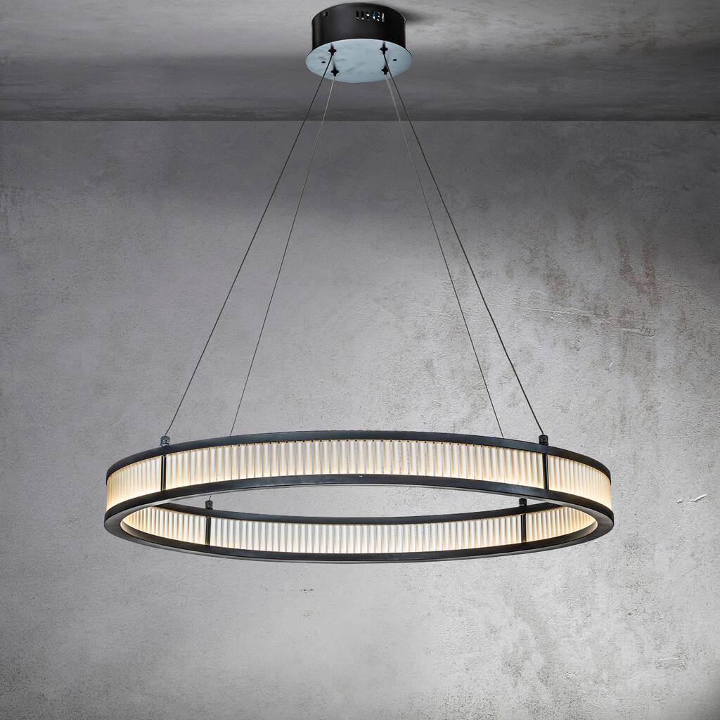 CraftHome Modern Minimalist Matte Black Round LED Chandelier Room With Frosted Glass Rods - Dia32'' x H3''