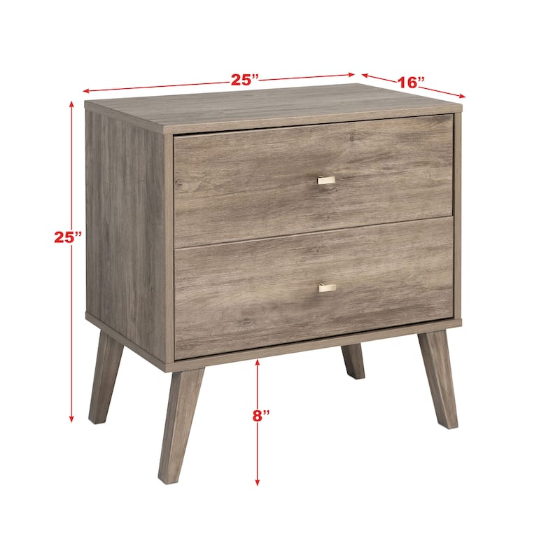 Prepac Milo Mid-Century Modern 2 Drawer Nightstand, Bedside Table, Contemporary Bedroom Furniture