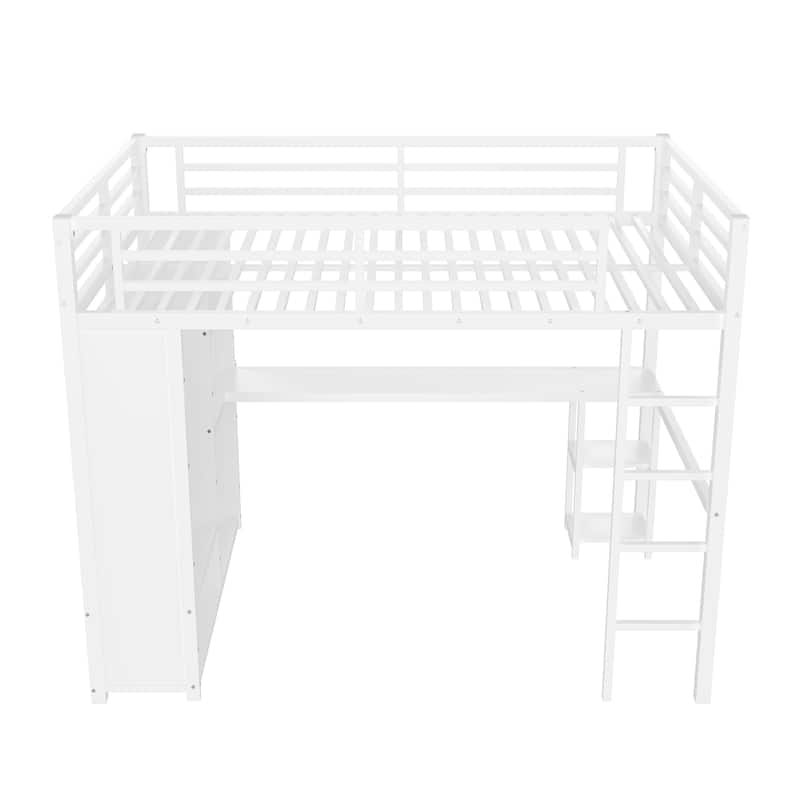 All-in-One Queen Loft Bed, Metal Frame with Integrated Wardrobe, Desk and Storage Shelves