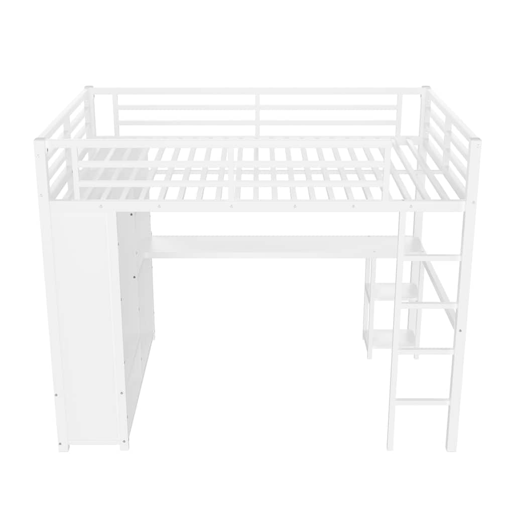Queen Metal Loft Bed with Desk Wardrobe and Storage Shelves, White Elevated Bed with Guardrails and Staircase