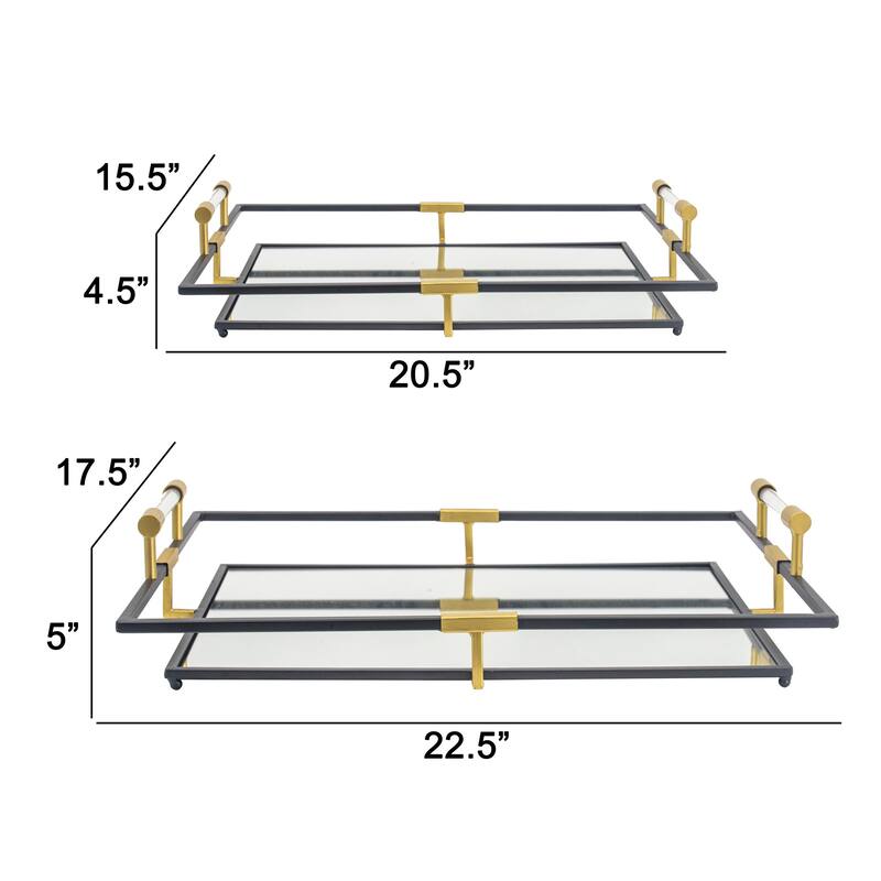 21, 27 Inch Set of 2 Decorative Trays with Mirror, Modern Frame, Gold, Black