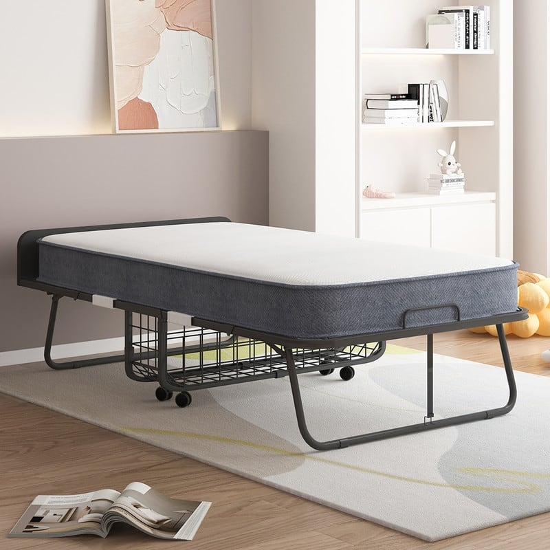 Mixoy Space Saving Fold up Bed with Mattress & 360 Swivel Wheels - With Pull Basket Storage  - Twin