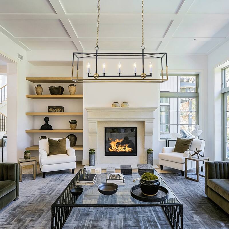 Geometric 5-Light Modern Black and Brass Rectangular Pendant Light for Dining Room