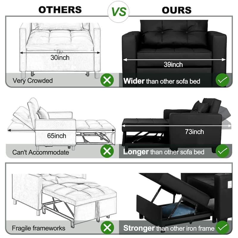 Pull Out Sofa Couch Bed Convertible Sleeper Sofa Bed with Storage Chaise, Sofa Couch