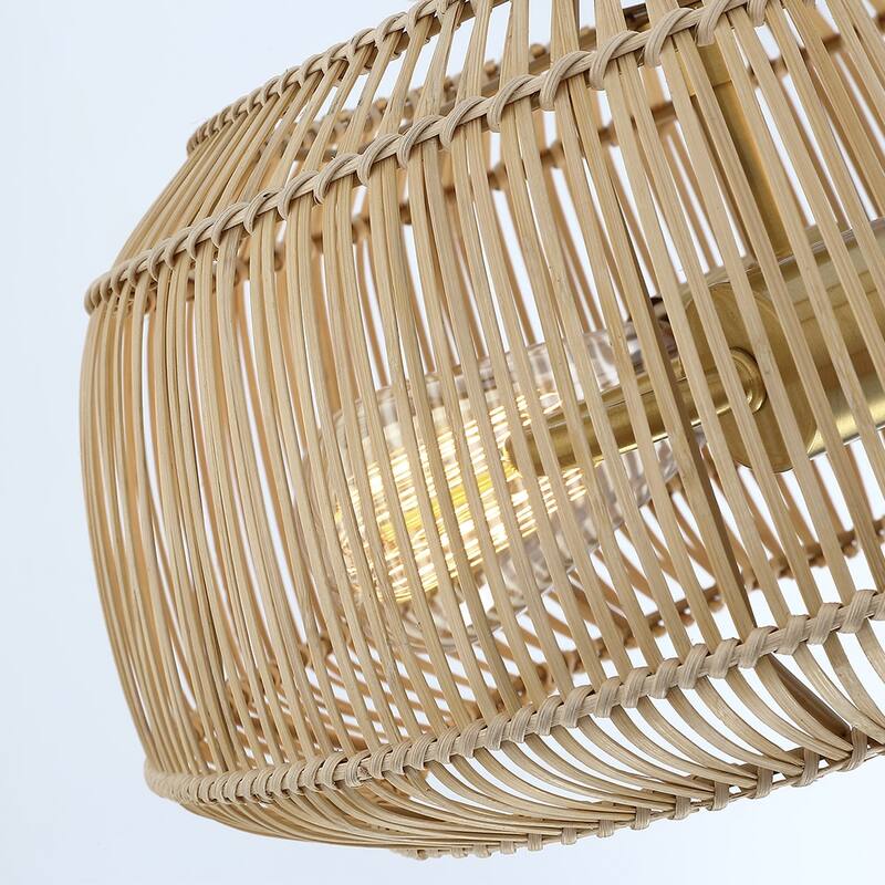 2-Light Bohemian Rattan Semi-Flush Mount Ceiling Light - Brass