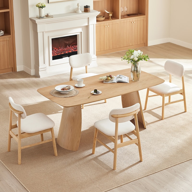 Spruce & Spring Modern Chenille Upholstered Dining Chair with Solid Wood Frame - Set of 4 - Cream-Natural Wood
