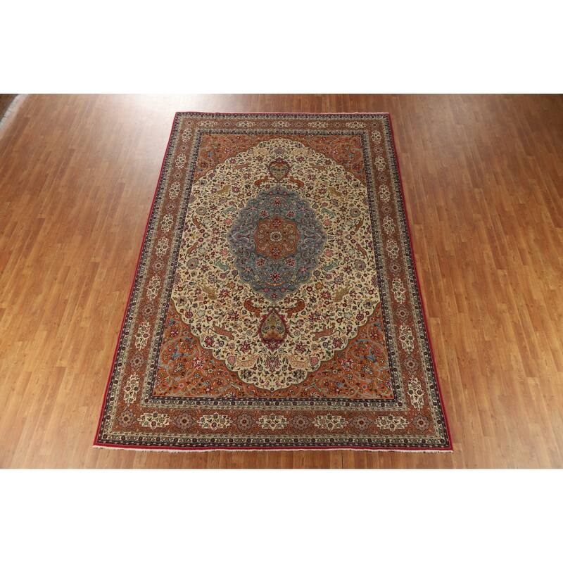 Hand Knotted Oriental 100% Wool Carpet Traditional Floral Beige & Ivories Tabriz Area Rug - 12' 3'' X 8' 1''