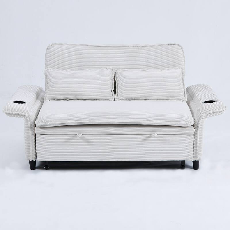 65.74-inch Beige Corduroy Multi-functional Sofa Bed with Adjustable Armrests and Backrests