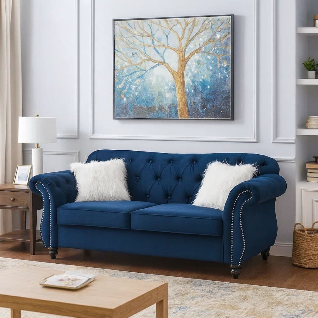77 Inches Nailhead Trim Velvet Loveseat with Crystal Tufting, Blue