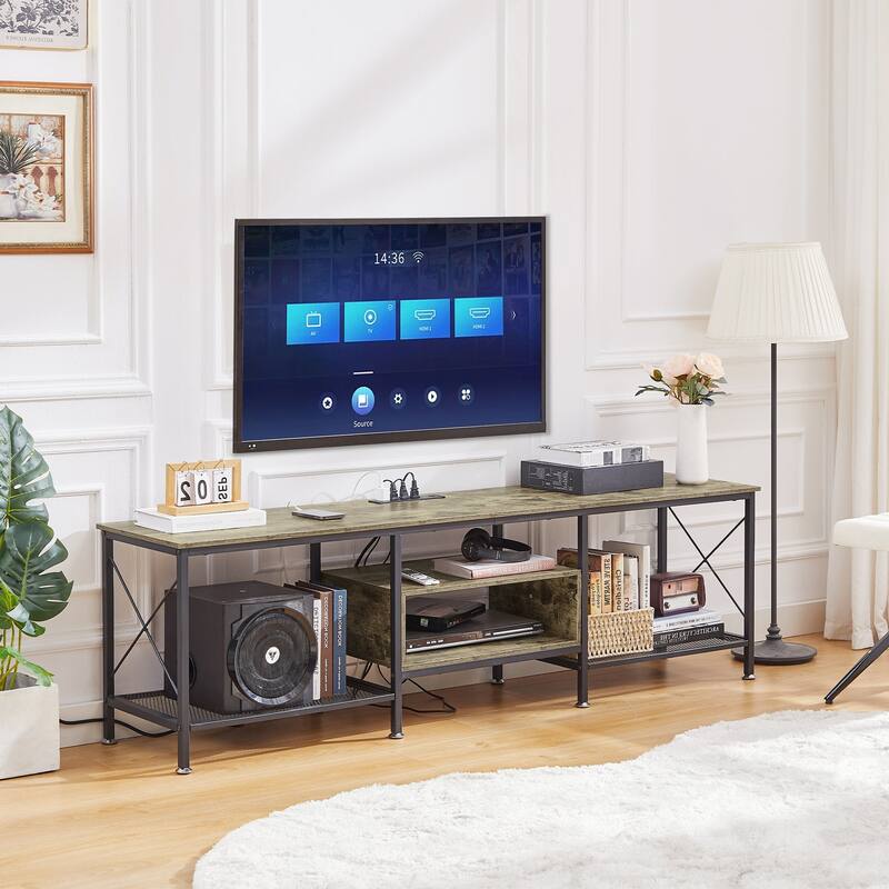 VECELO Wood TV Stand with Charging Station,Storage Shelves Entertainment Center TV Cabinet