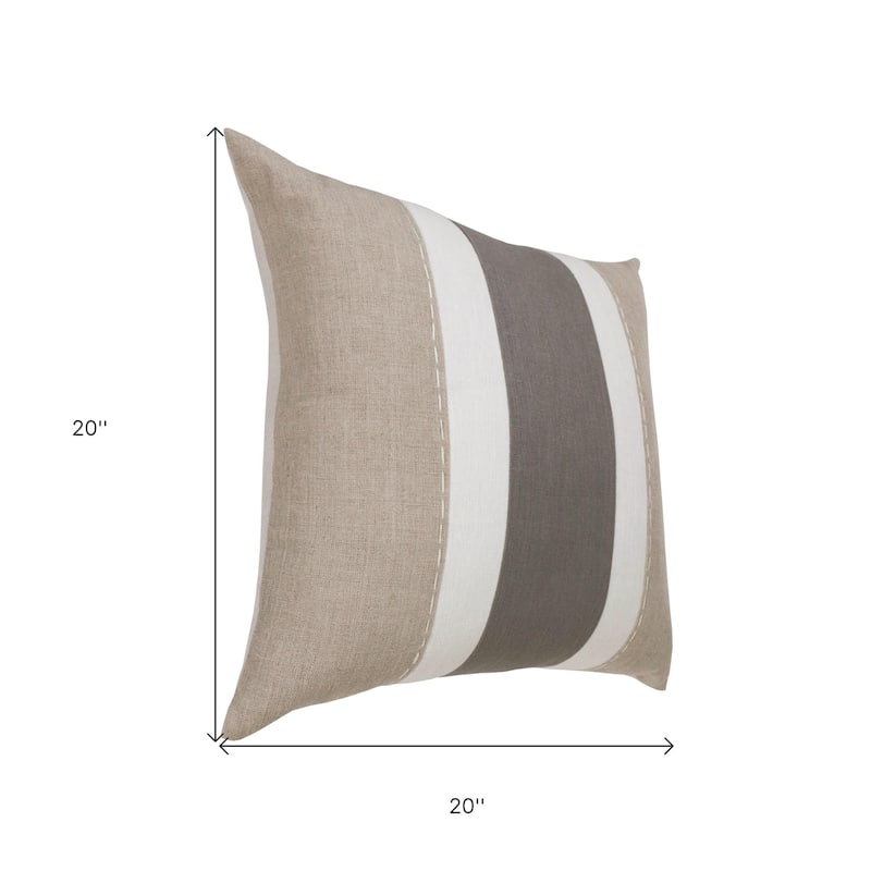 20" X 20" Gray And Tan Linen Striped Zippered Pillow