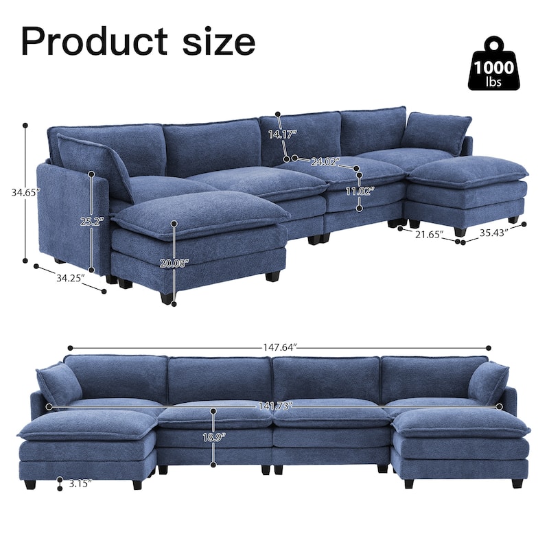 CLICKBIN Chenille Fabric Stragiht Arm L-Shaped Modular Sectional Sofa Couch with Ottoman for Living Room