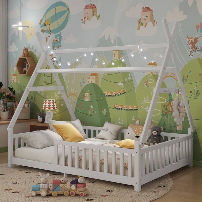 Wood Low Floor House Bed with Fence and LED Light Roof, Creativity Bed Tent Design for Kids Boys Girls No Box Spring Needed