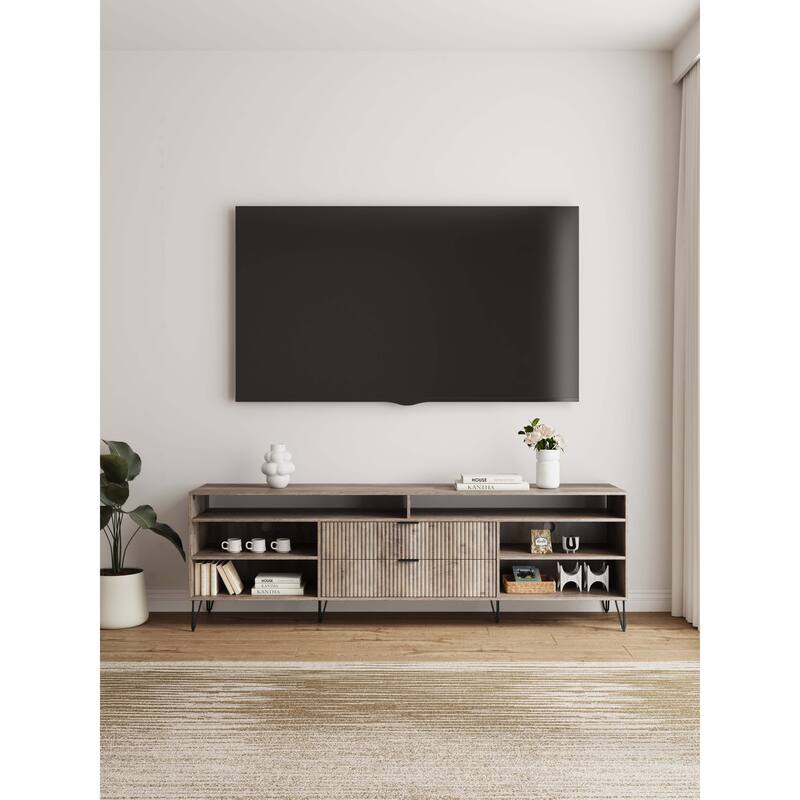 Manhattan Comfort Dumbo Mid-Century Modern TV Stand with 6 Shelves - Grey - 85 In. Wide