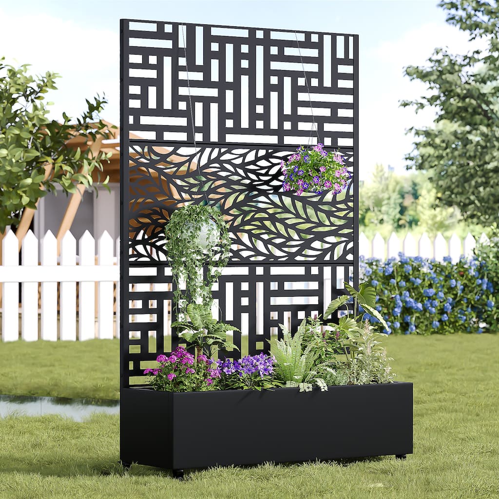 Metal Movable Planter Box with Trellis Privacy Screen Planter Box with Lockable Wheels