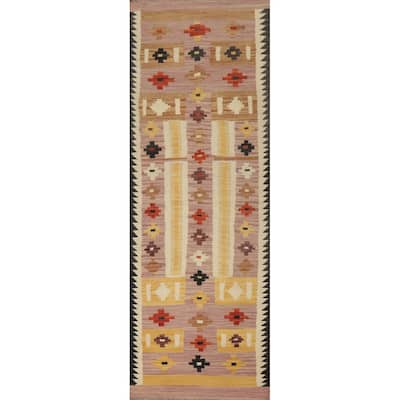 Hand Woven Oriental 100% Wool Carpet Southwestern Tribal Pink Kilim Runner Rug - 8' 1'' X 2' 3''
