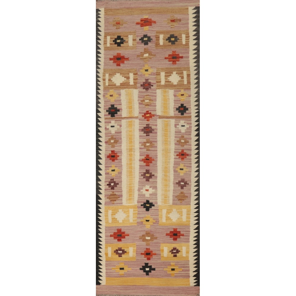 Hand Woven Oriental 100% Wool Carpet Southwestern Tribal Pink Kilim Runner Rug - 8' 1'' X 2' 3''