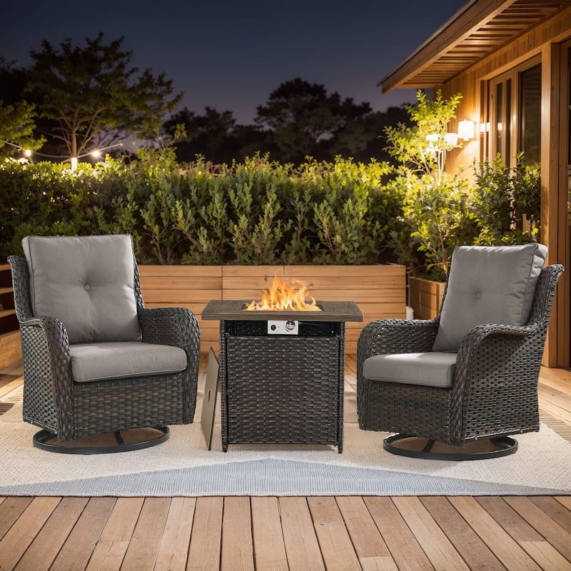 Pocassy 3 Pieces Fire Pit Table with Swivel Gilder Chairs - Brown Wicker Gray Cushion - 3 Pieces Swivel Chair with Fire Table