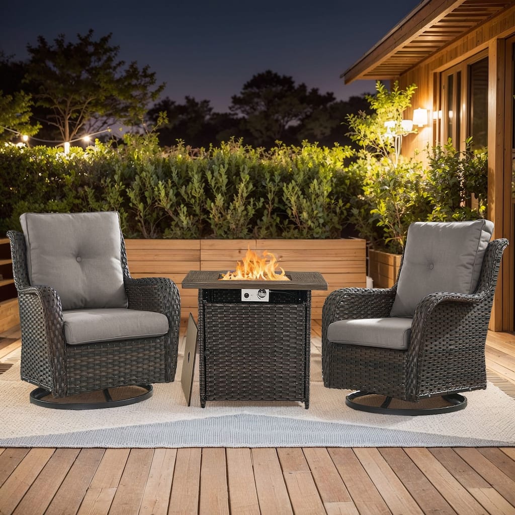Pocassy 3 Pieces Fire Pit Table with Swivel Gilder Chairs