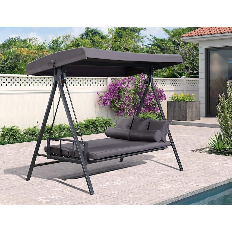 PURPLE LEAF 3-seat Outdoor Patio Porch Swing Adjustable Backrest, Cushions and Pillow Included
