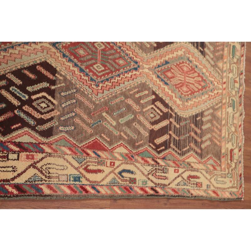 Hamedan Persian Vintage Runner Rug Handmade Brown Wool Carpet - 3'5"x 8'4"