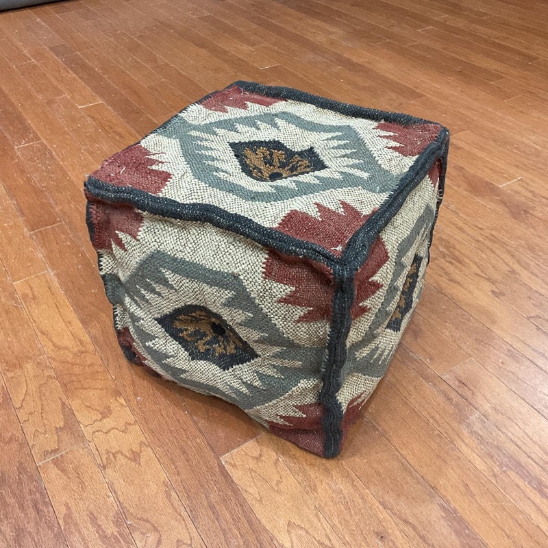 Handmade Kilim Upholstered Ottoman (India) - 16" x 16" x 16"