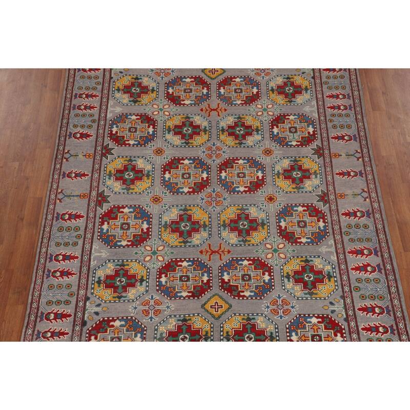 All-Over Gray Kazak Oriental Area Rug Handmade Wool Carpet - 6'4" x 9'7"