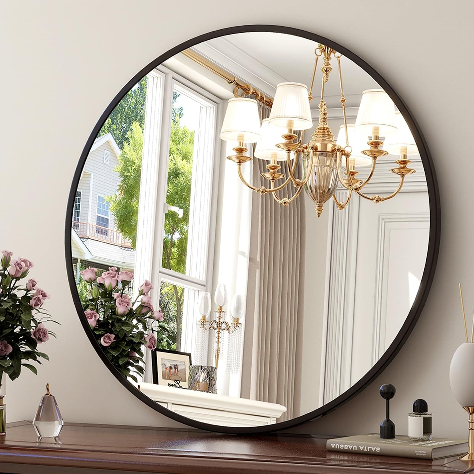 30-Inch Round Wall Mirror Bathroom Mirror with Metal Frame - Modern Hanging Mirror for Entryway, Bathroom, Vanity, Living Room