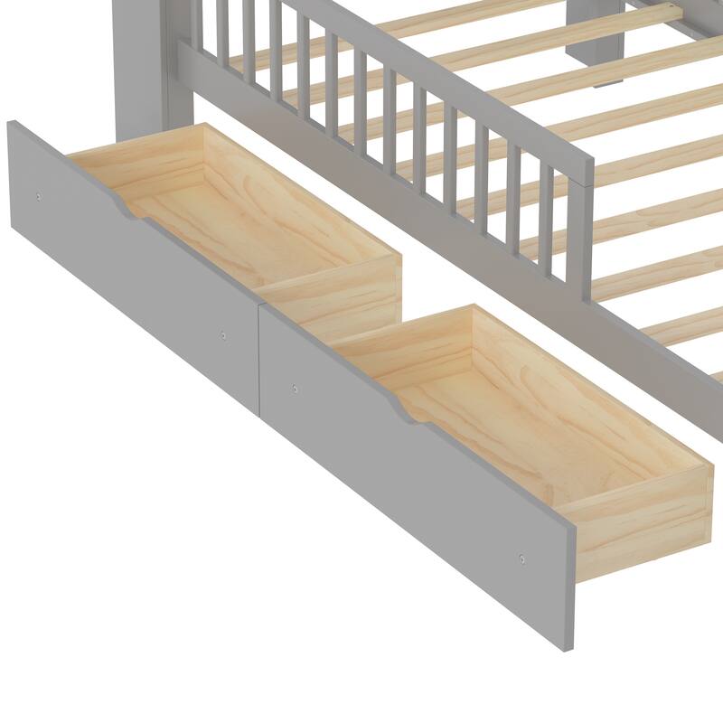 Twin Wood Storage Bed with 3-Side Guardrails, Underbed Drawers & Headboard Storage