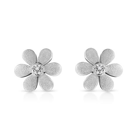 Matte Finished .925 Sterling Silver Diamond Accent Flower Hoop Stud Earring (I-J Color, I1-I2 Clarity) - White