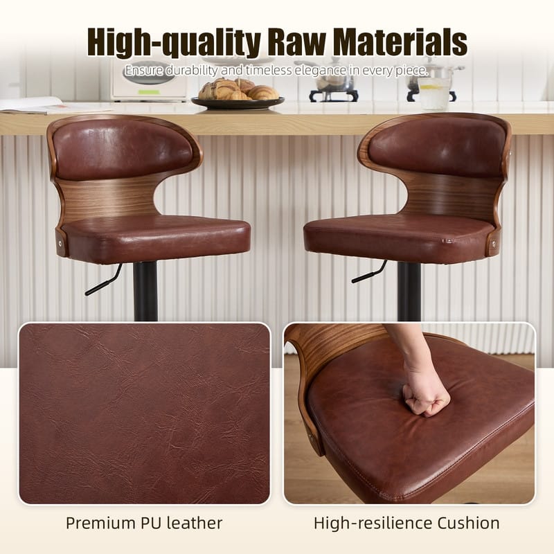 PU Leather Upholstered Curved Backrest 360° Swivel Adjustable Height Bar Stools with Footrest(set of 2)
